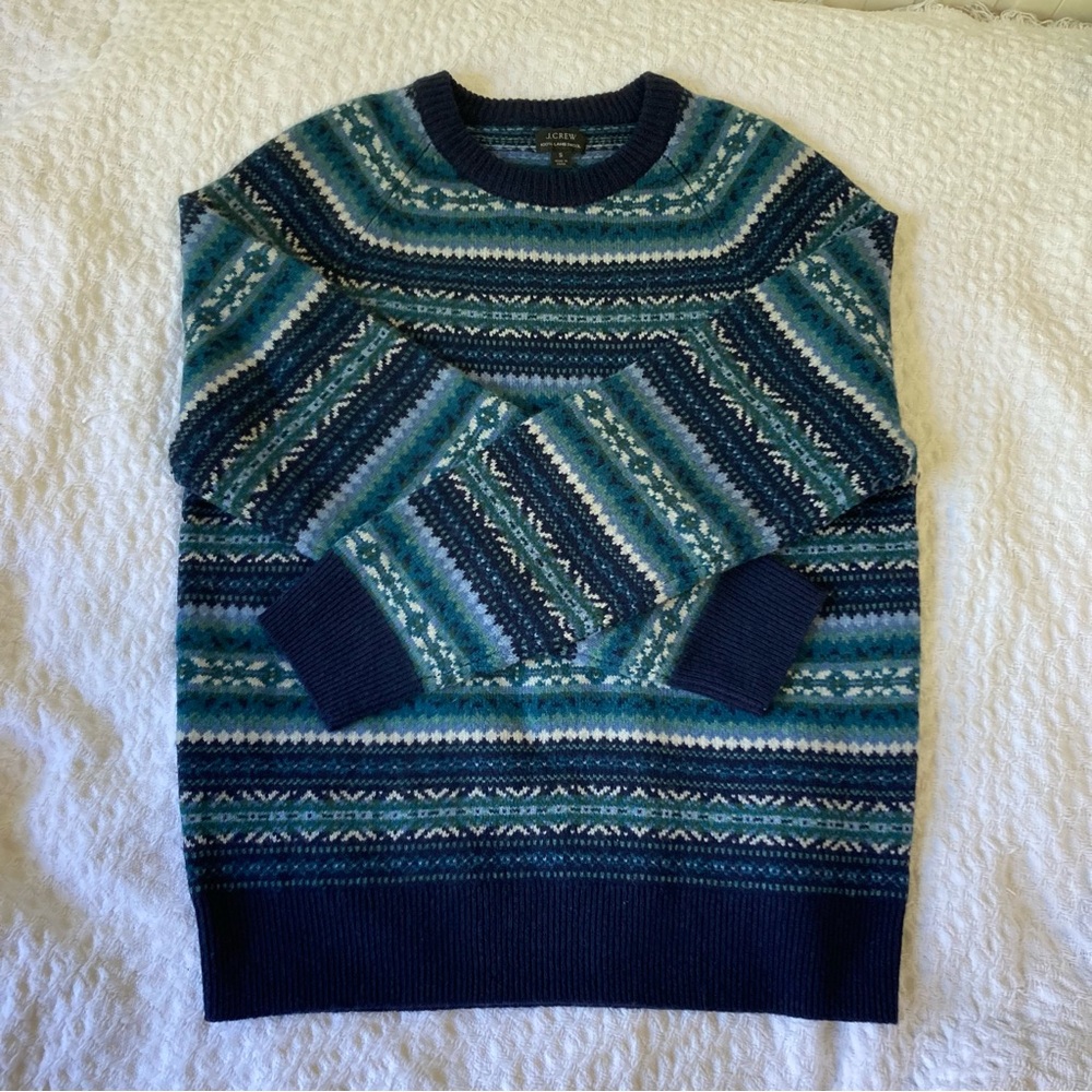 J. Crew fair isle lambs wool sweater knit crewneck lambswool blue green S